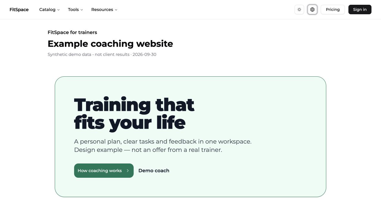 Actual trainer-page renderer on synthetic demo data. Design example, not a real trainer offer.